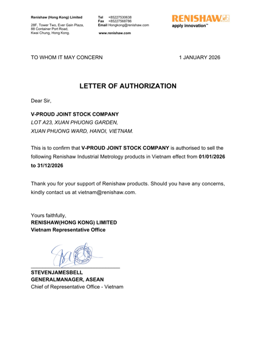 Chứng nhận V-Proud là nhà phân phối chính hãng của Renishaw