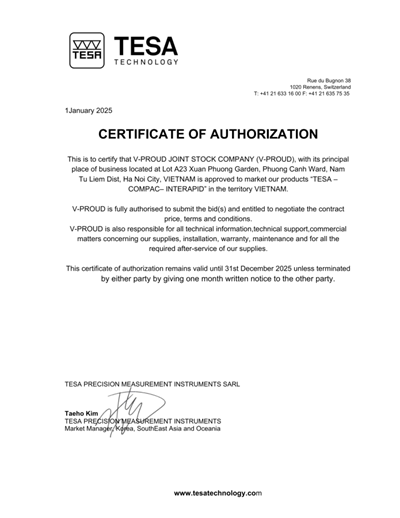 Chứng nhận V-Proud là nhà phân phối chính hãng của Tesa Technology