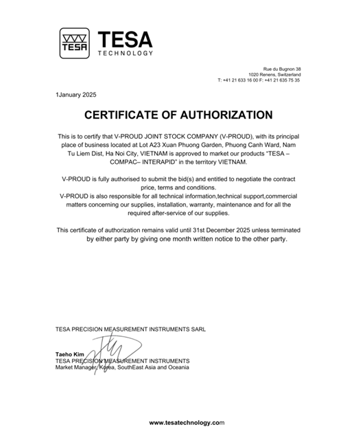 Chứng nhận V-Proud là nhà phân phối chính hãng của Tesa Technology
