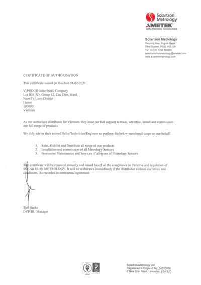 Chứng nhận V-Proud là nhà phân phối chính hãng của Solartron Metrology