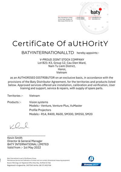 Chứng nhận V-Proud là nhà phân phối chính hãng của Baty