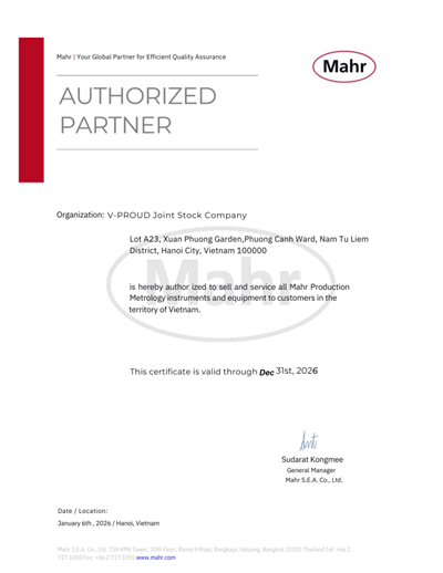 Chứng nhận V-Proud là nhà phân phối chính hãng của Mahr