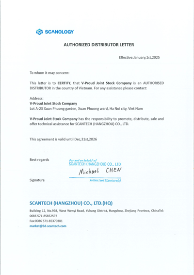 Chứng nhận V-Proud là nhà phân phối chính hãng của Scanology