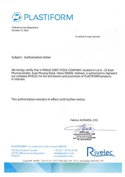 Chứng nhận V-Proud là nhà phân phối chính hãng của Plastiform